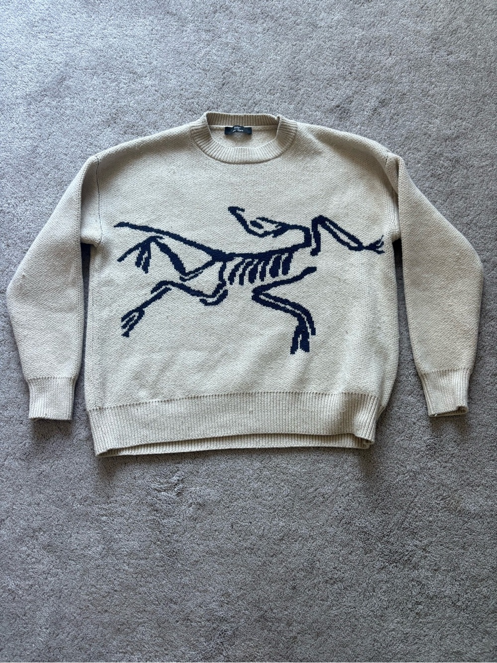 Crewneck Sweater in Beige with Navy Skeleton Art